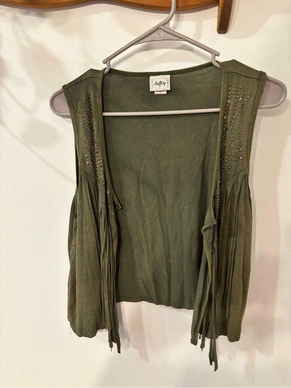 Daytrip Olive Fringe Vest with Stud Accents
